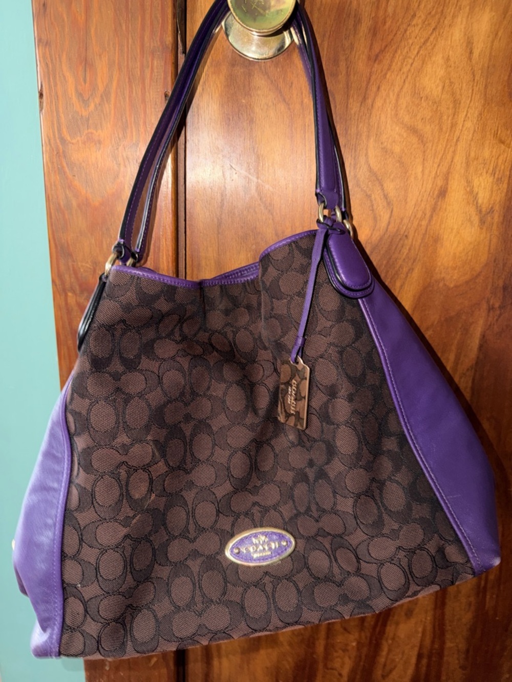 Coach Brown Signature Canvas Shoulder Bag with Purple Leather Trim